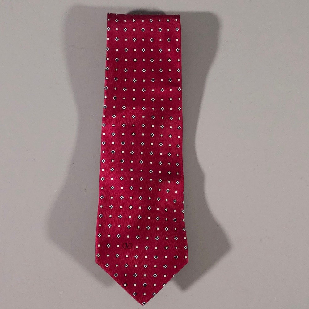 Valentino Tie Mens OS Red Silk Geometric Diamond Logo Made in Italy